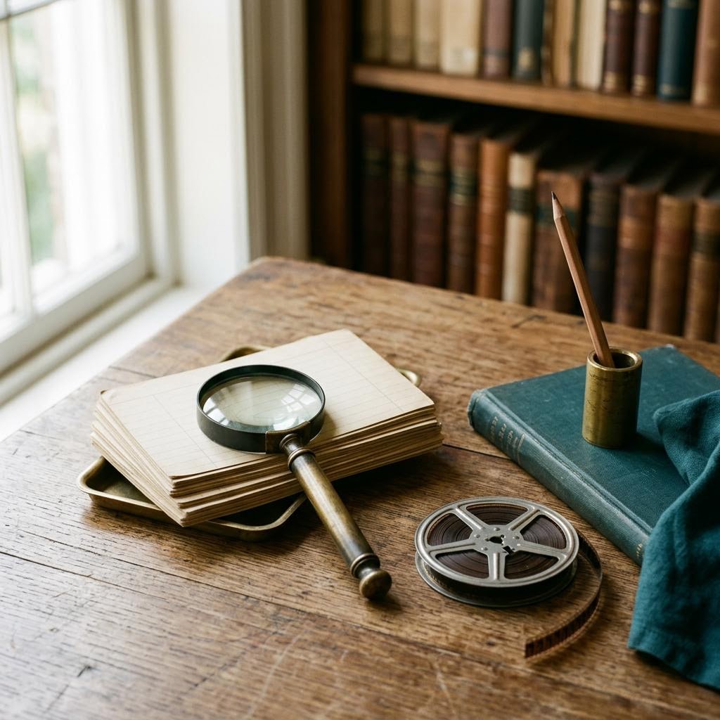 Index cards and magnifying glass representing title research